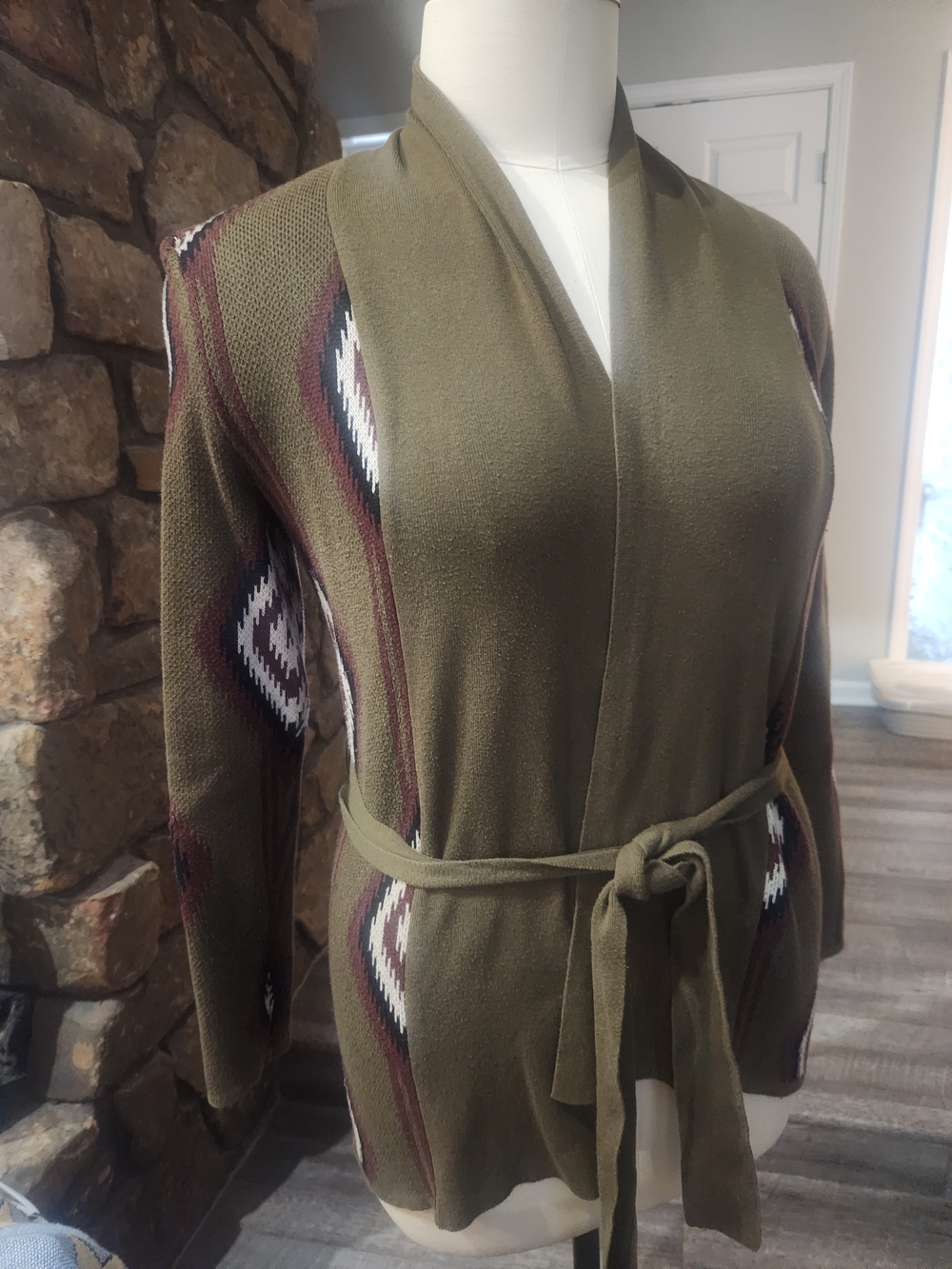 Love 21 Olive Green Belted Cardigan with Aztec Detail